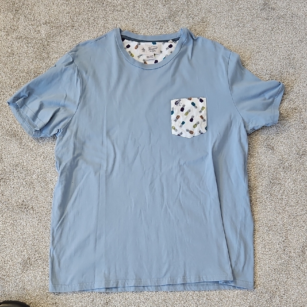 Penguin Men's Blue T-Shirt with Pineapple Pocket
